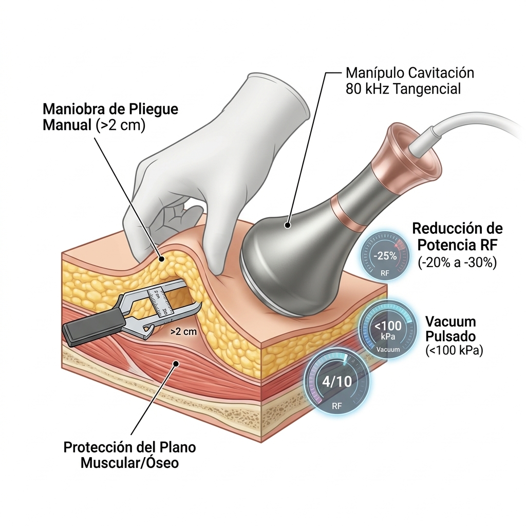Diagrama técnico y clínico 3D mostrando la maniobra de pliegue manual con plicómetro (>2 cm) para cavitación de 80 kHz y los ajustes dosimétricos en la interfaz táctil.