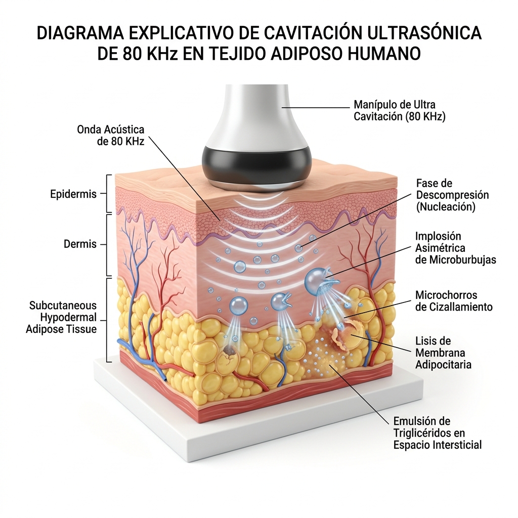 Esquema biofísico 3D en corte transversal del tejido adiposo bajo ultracavitación de 80 KHz mostrando nucleación e implosión de microburbujas.