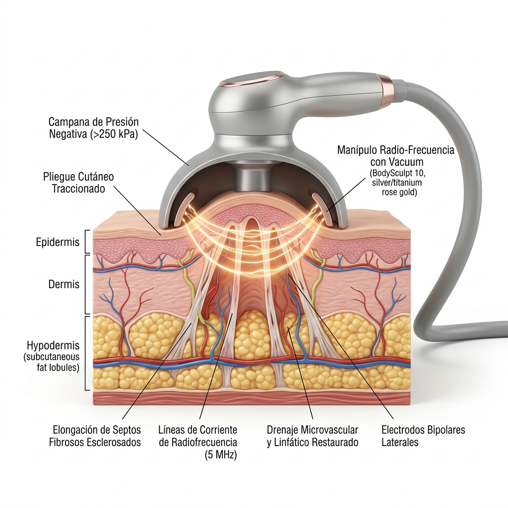 Corte transversal 3D esquemático del pliegue cutáneo dentro de la campana de succión con tracción septal y flujo de RF bipolar.