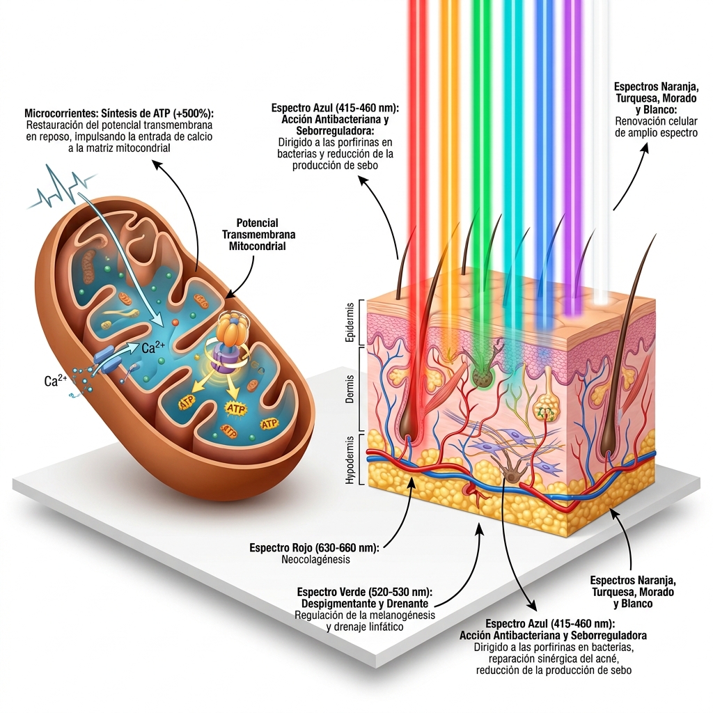 Diagrama conceptual 3D de bioestimulación iónica mitocondrial y penetración espectral de 7 colores de cromoterapia.