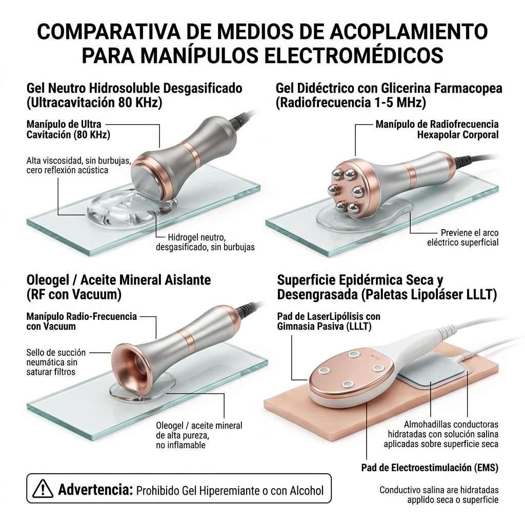 Infografía técnica 3D comparativa de compatibilidad fisicoquímica de geles y agentes vehiculizantes por manípulo.