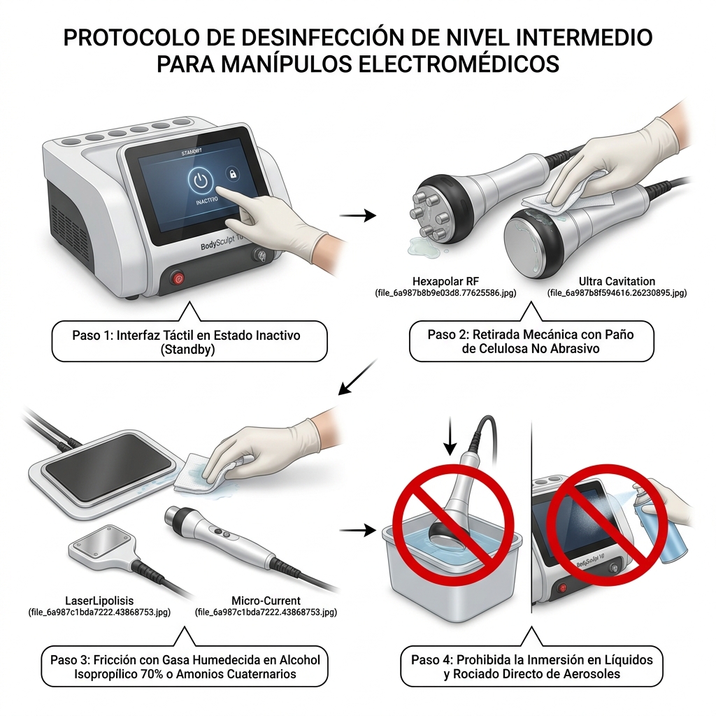 Diagrama secuencial 3D del protocolo de desinfección de nivel intermedio para manípulos clínicos.