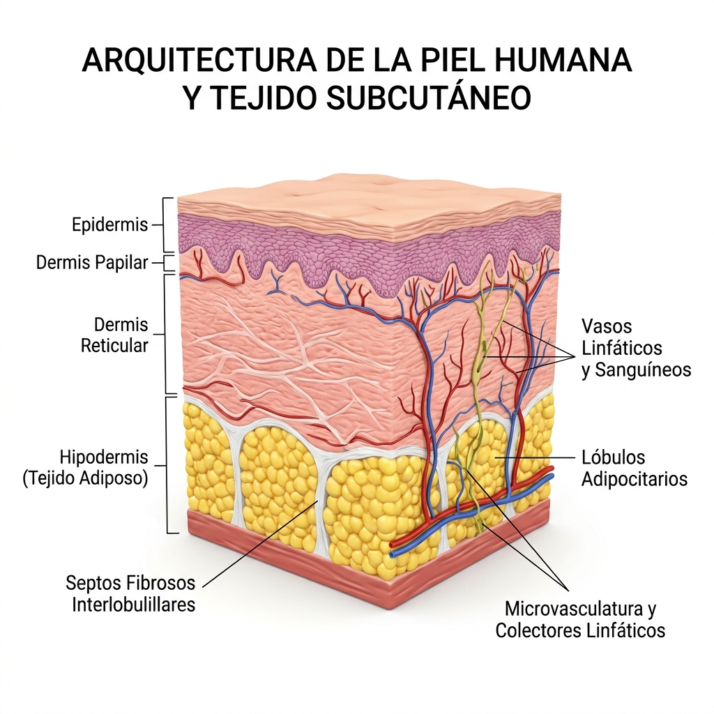 Diagrama anatómico en 3D en corte transversal del tegumento humano mostrando las capas diana para la interacción con energía electromédica multifuncional.