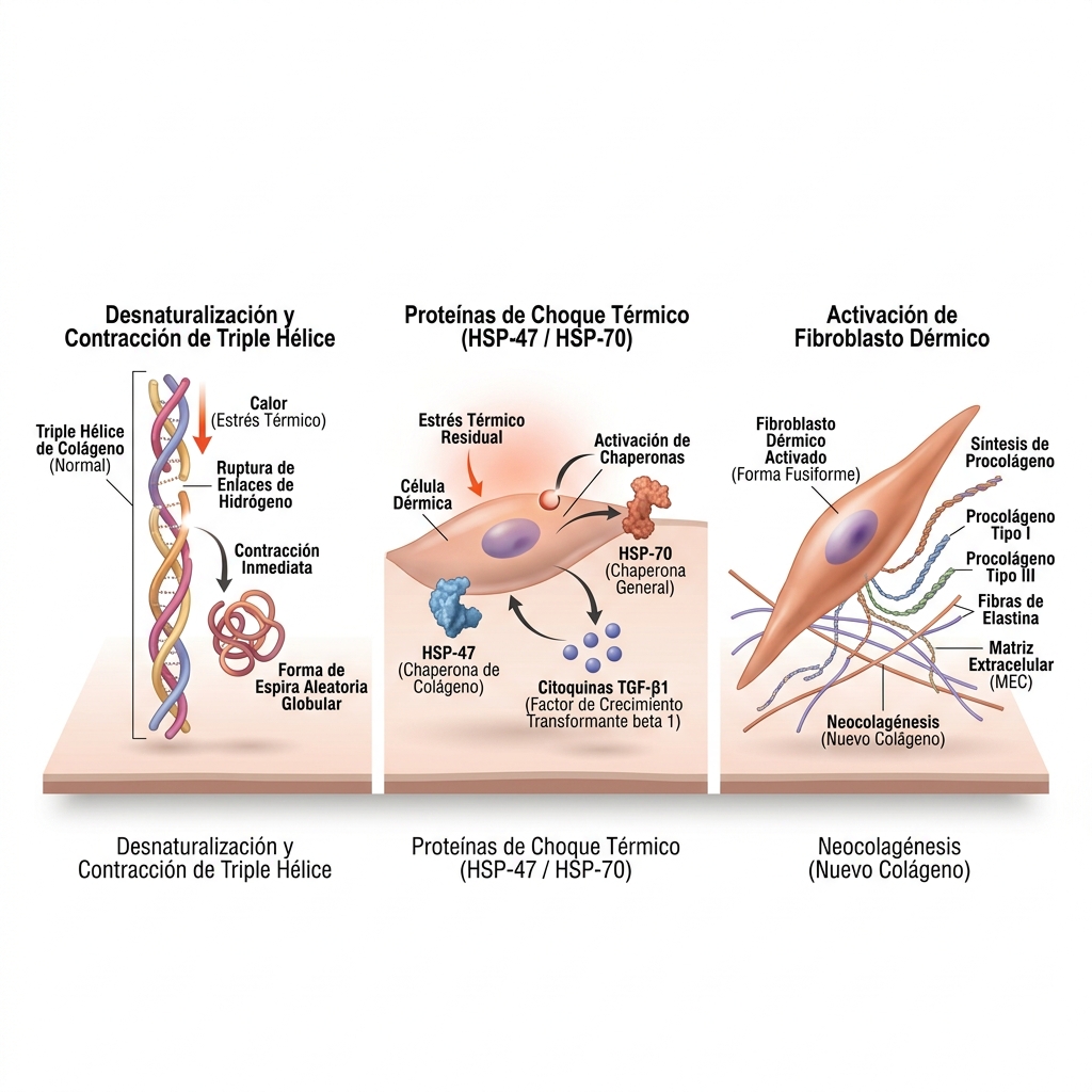 Ilustración biomédica 3D en tres etapas: desnaturalización y acortamiento de la triple hélice de colágeno, liberación de HSP-47/70 y síntesis de colágeno por fibroblastos activados.