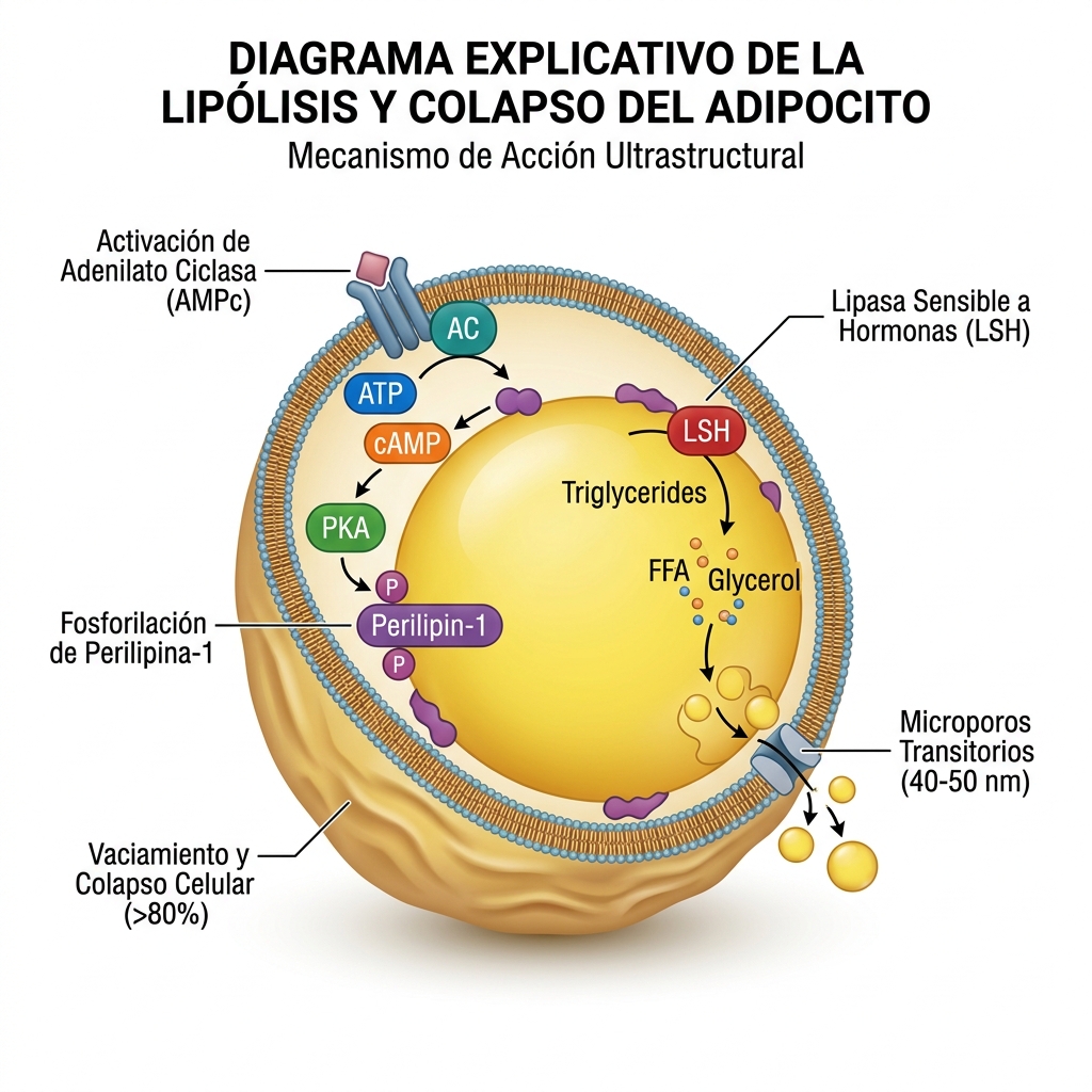 Ilustración biomédica 3D del interior de un adipocito mostrando la cascada cAMP-PKA, descomposición de perilipina-1, activación de LSH y evacuación lipídica por microporos.