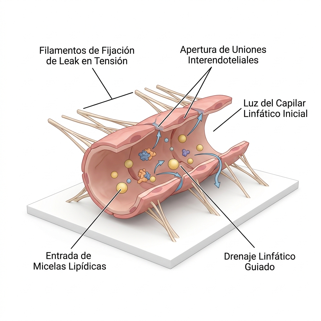 Esquema histológico 3D de alta precisión que ilustra la tracción de los filamentos de Leak abriendo uniones endoteliales en un capilar linfático inicial.