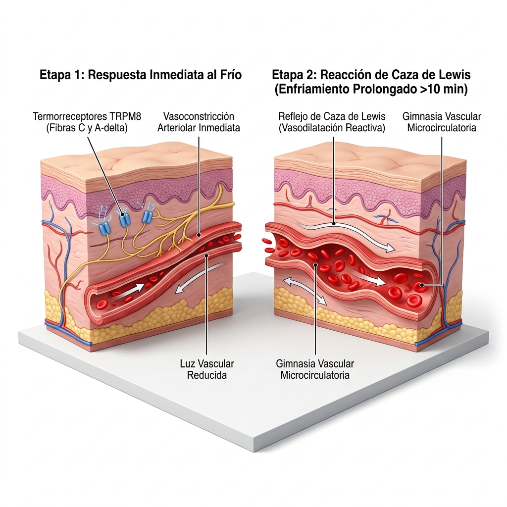 Diagrama hemodinámico 3D comparativo de la respuesta vascular dérmica al frío: vasoconstricción inicial alfa-adrenérgica versus vasodilatación reactiva paradójica de Lewis.