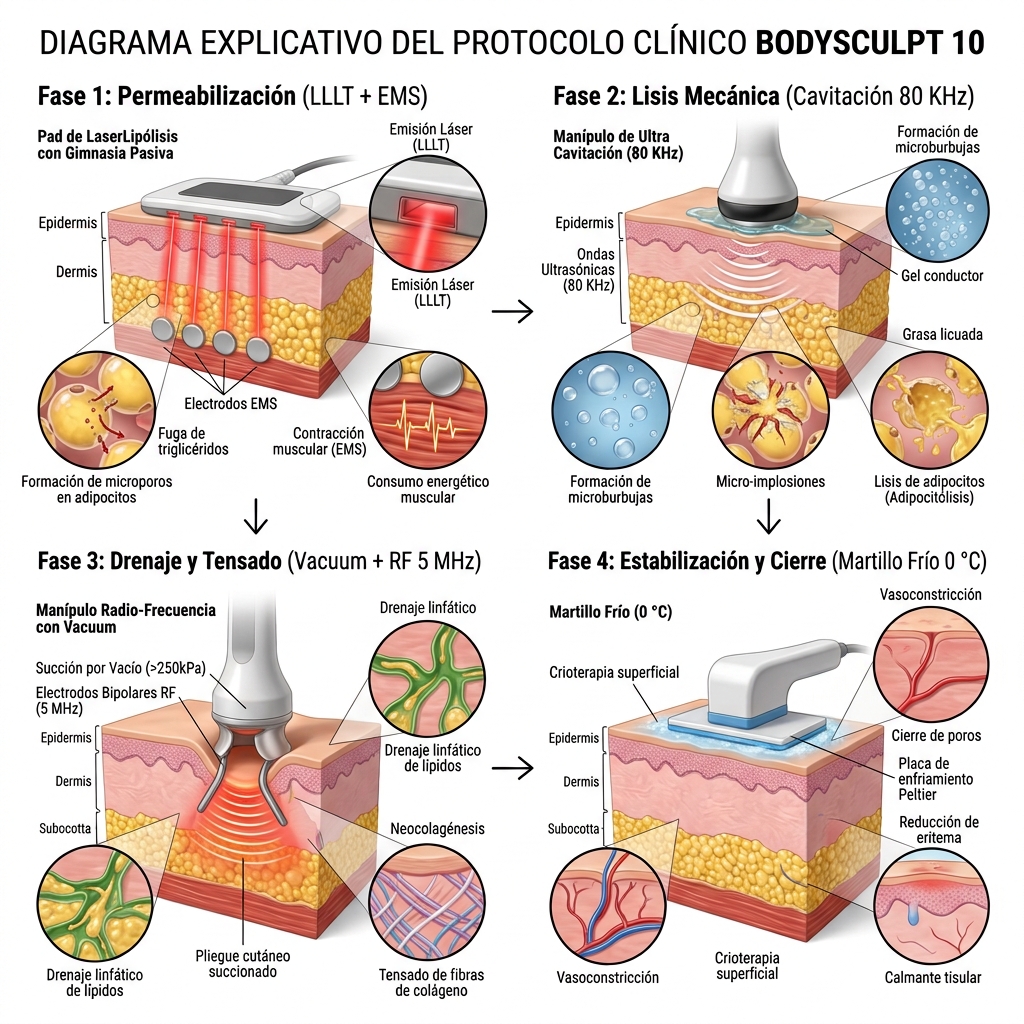Diagrama de flujo clínico y biológico 3D que resume la secuencia sinérgica de las 4 fases de tratamiento sobre el tejido cutáneo y subcutáneo.