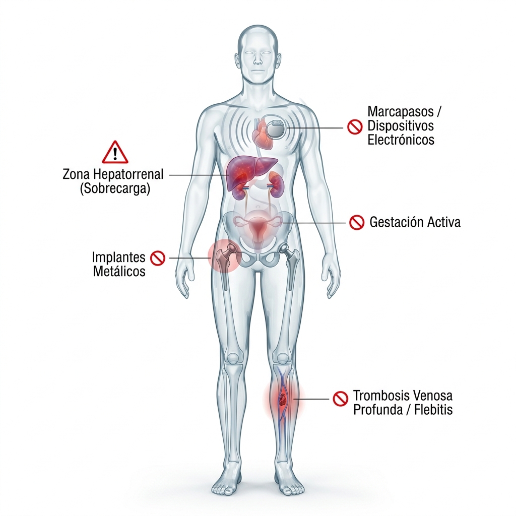 Esquema anatómico 3D de maniquí clínico médico translúcido señalando las zonas de contraindicación absoluta para aparatología electroestética.