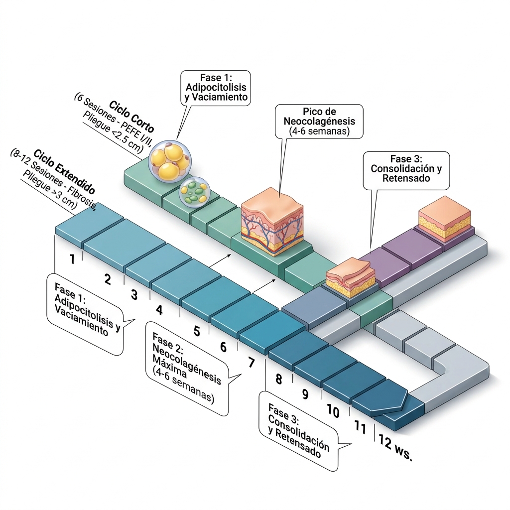 Cronograma 3D secuencial del ciclo terapéutico comparando el ciclo corto de 6 sesiones con el ciclo extendido de 8 a 12 sesiones y sus fases biológicas.