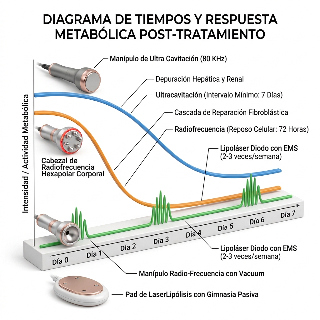 Gráfico 3D cinético de depuración metabólica y reposo celular entre sesiones de cavitación, radiofrecuencia y vacumterapia.