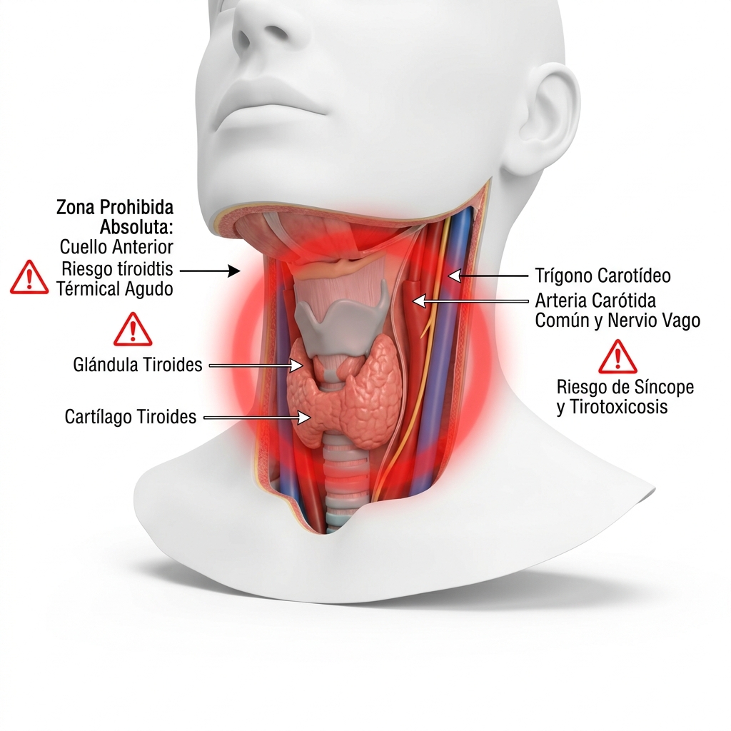 Esquema anatómico 3D de exclusión absoluta en el compartimento anterior del cuello: glándula tiroides, tráquea y trígono carotídeo.