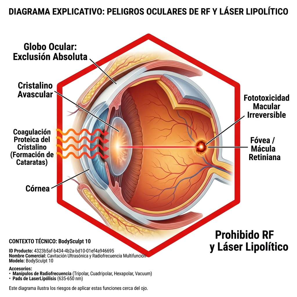 Diagrama de corte sagital 3D del ojo humano mostrando los mecanismos de daño térmico en el cristalino y fototoxicidad en la fóvea macular.