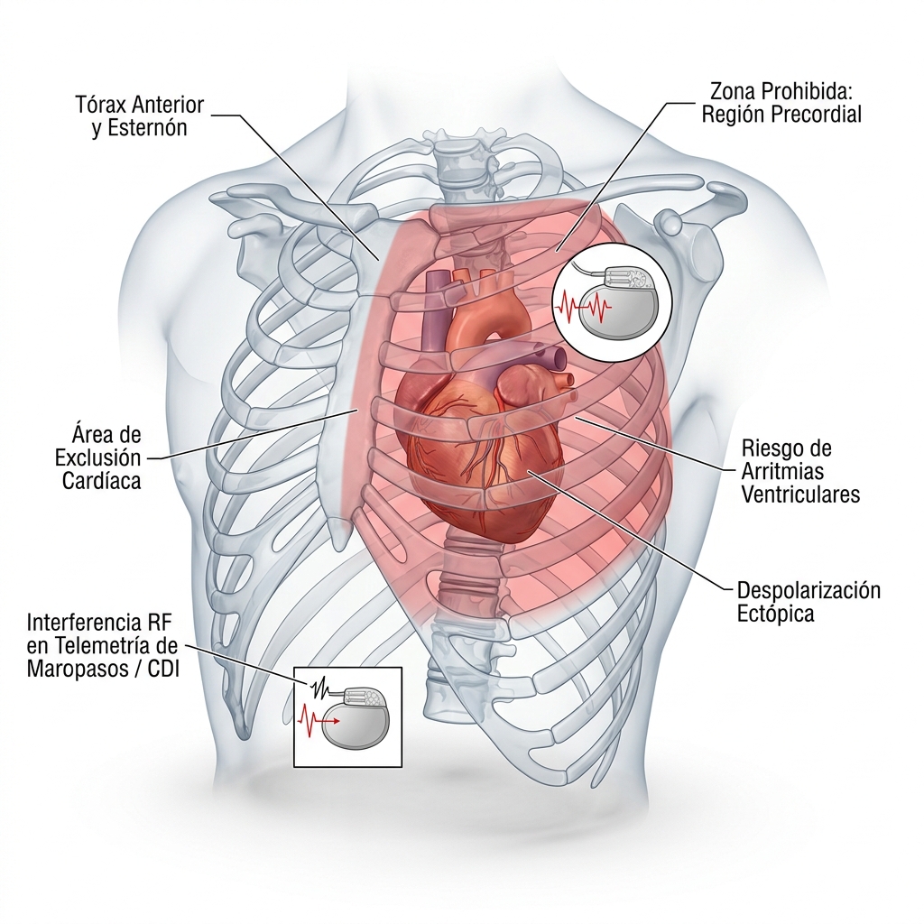 Representación 3D del tórax anterior y región precordial detallando los riesgos de interferencia electromagnética con el miocardio y marcapasos.