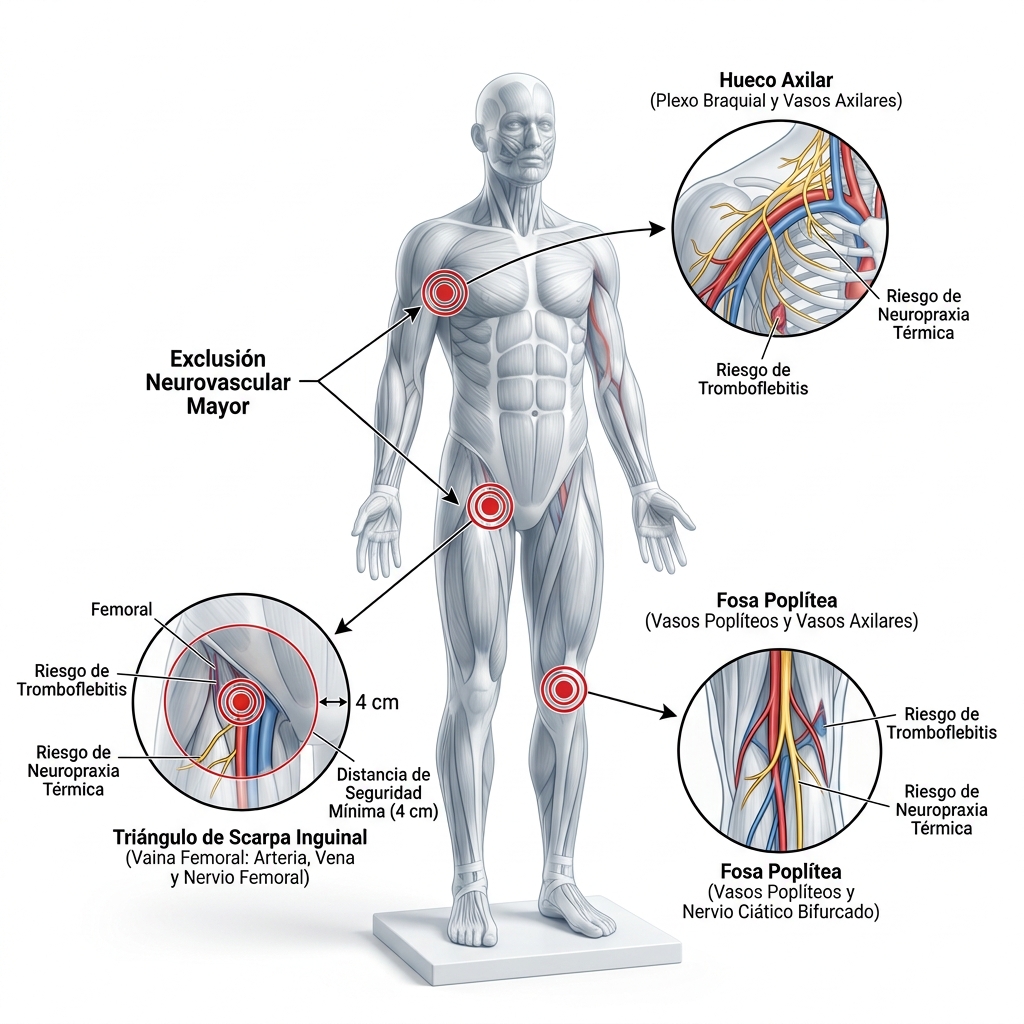 Diagrama corporal 3D que mapea los tres grandes paquetes neurovasculares de exclusión absoluta: axila, triángulo de Scarpa y fosa poplítea.