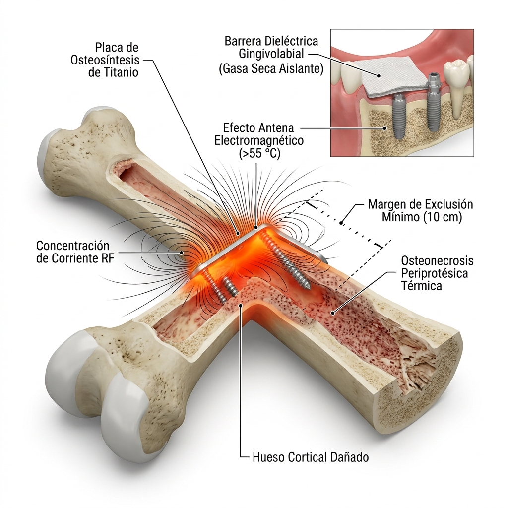 Ilustración biofísica 3D del 'Efecto Antena' en placas de titanio y tornillos de osteosíntesis sometidos a radiofrecuencia.