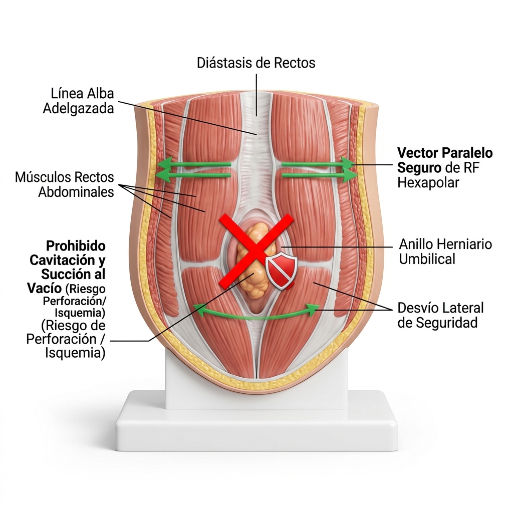 Corte transversal 3D de la pared abdominal anterior ilustrando diástasis de rectos, anillo herniario y trayectorias laterales seguras de radiofrecuencia.
