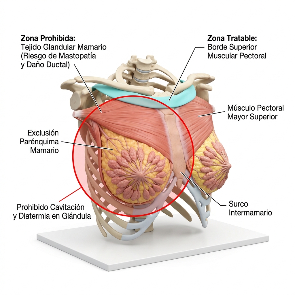 Mapa topográfico 3D de la región pectoral anterior demarcando la exclusión del parénquima mamario y la zona tratable sobre el pectoral mayor.