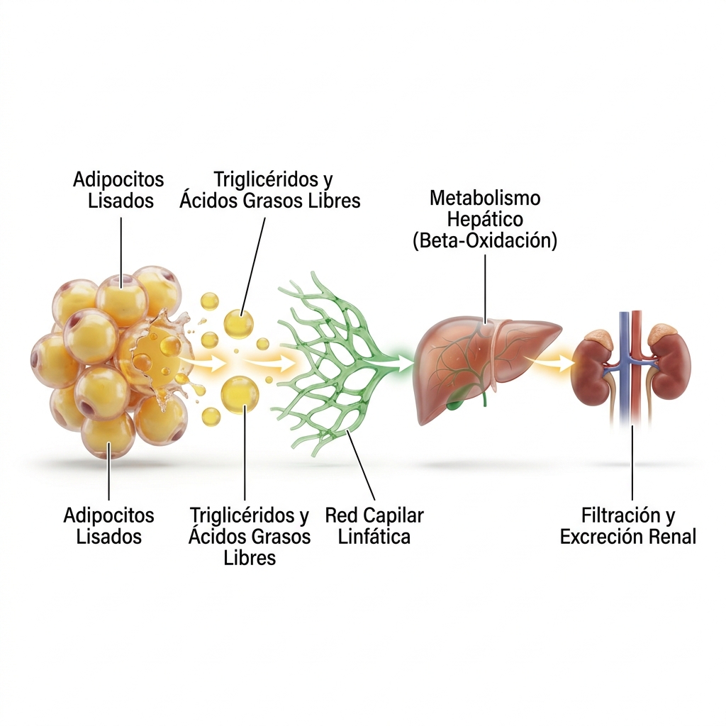 Diagrama 3D metabólico y fisiológico que ilustra la ruta de depuración de macromoléculas lipídicas tras la cavitación ultrasónica de 80 kHz hacia los sistemas linfático, hepático y renal.