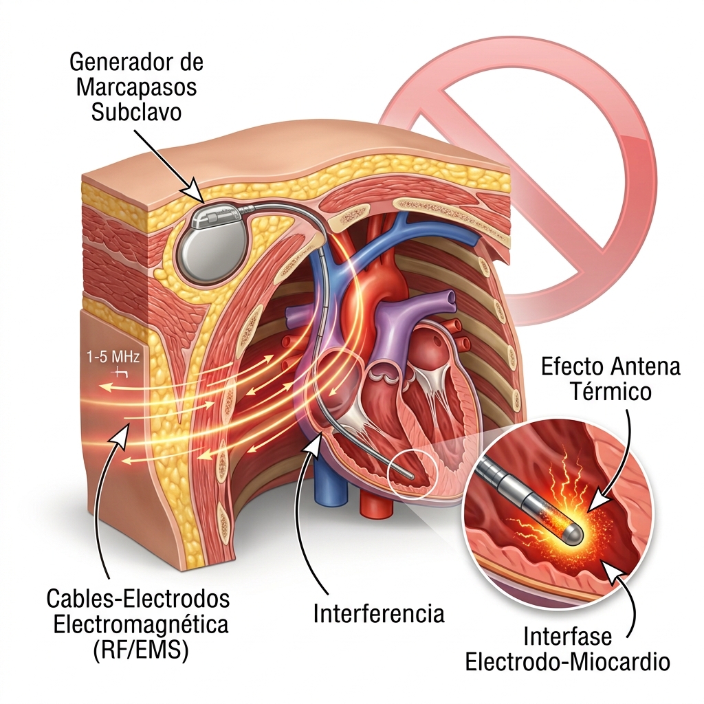 Esquema 3D biomecánico de interferencia electromagnética y efecto antena en cables-electrodos de marcapasos por emisión de radiofrecuencia y EMS.