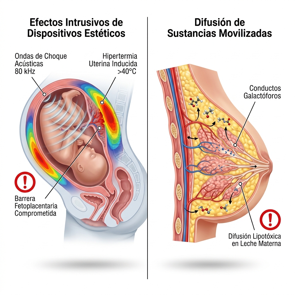 Render 3D anatómico-clínico que ilustra los riesgos acústicos, térmicos y de lipotoxicidad durante el embarazo y el período de lactancia materna activa.