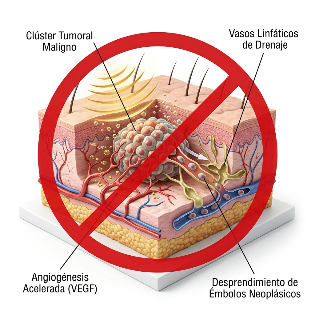 Modelo 3D del microentorno tumoral mostrando neovascularización por hipertermia y riesgo de diseminación celular por cavitación ultrasónica y vacumterapia.