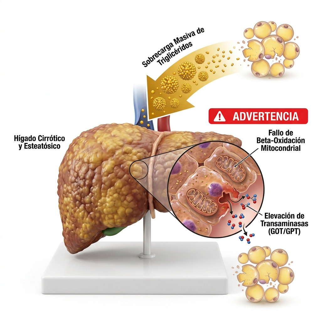 Diagrama 3D fisiopatológico de sobrecarga lipídica masiva en un hígado cirrótico y esteatósico tras una lisis adipocitaria por cavitación.