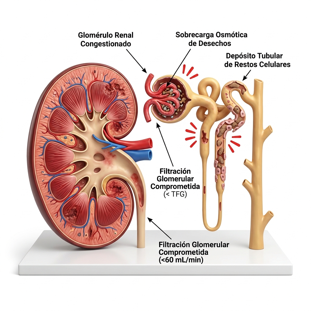 Corte transversal 3D de nefrona y glomérulo renal mostrando el colapso funcional por filtración de sobrecargas osmóticas y detritos celulares.
