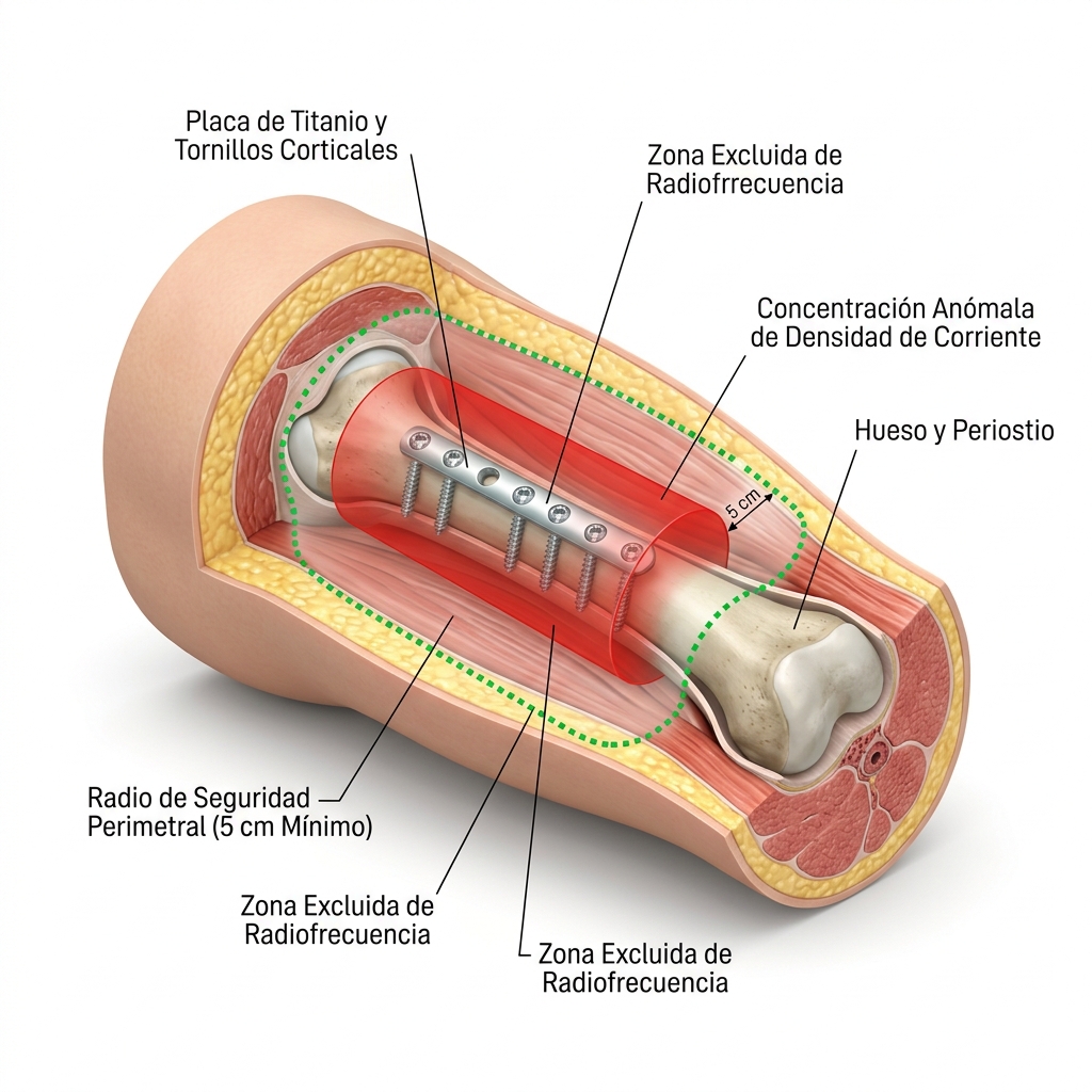 Modelo 3D musculoesquelético mostrando la delimitación del radio de seguridad perimetral de 5 cm alrededor de material de osteosíntesis metálico.