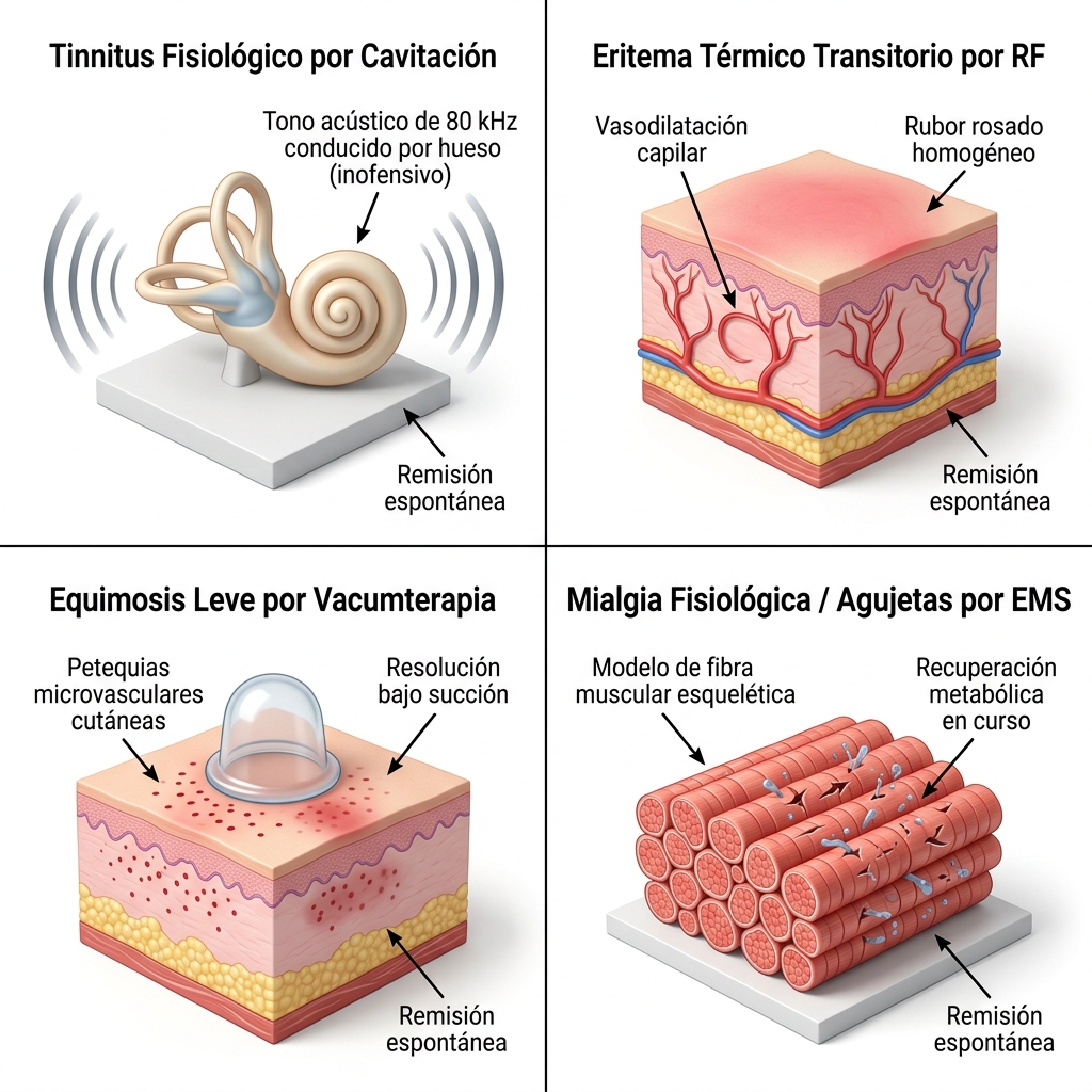 Composición 3D cuadripartita que ilustra los cuatro efectos fisiológicos benignos esperables post-tratamiento: conducción acústica, eritema térmico, petequias y fatiga muscular.