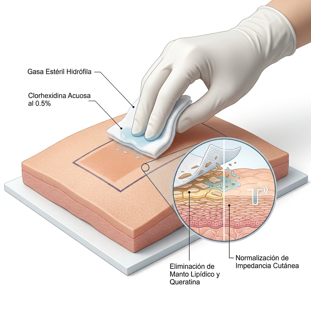 Esquema 3D del procedimiento de asepsia cutánea con clorhexidina acuosa al 0.5% para remoción de lípidos sebáceos y normalización de la impedancia dérmica.