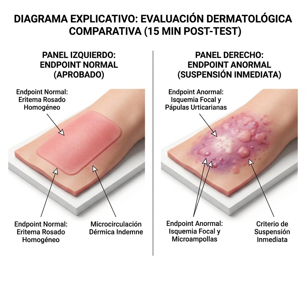 Comparativa 3D de inspección clínica dérmica post-prueba: Endpoint Normal (eritema rosado homogéneo) versus Endpoint Anormal (isquemia focal y pápulas urticarianas).