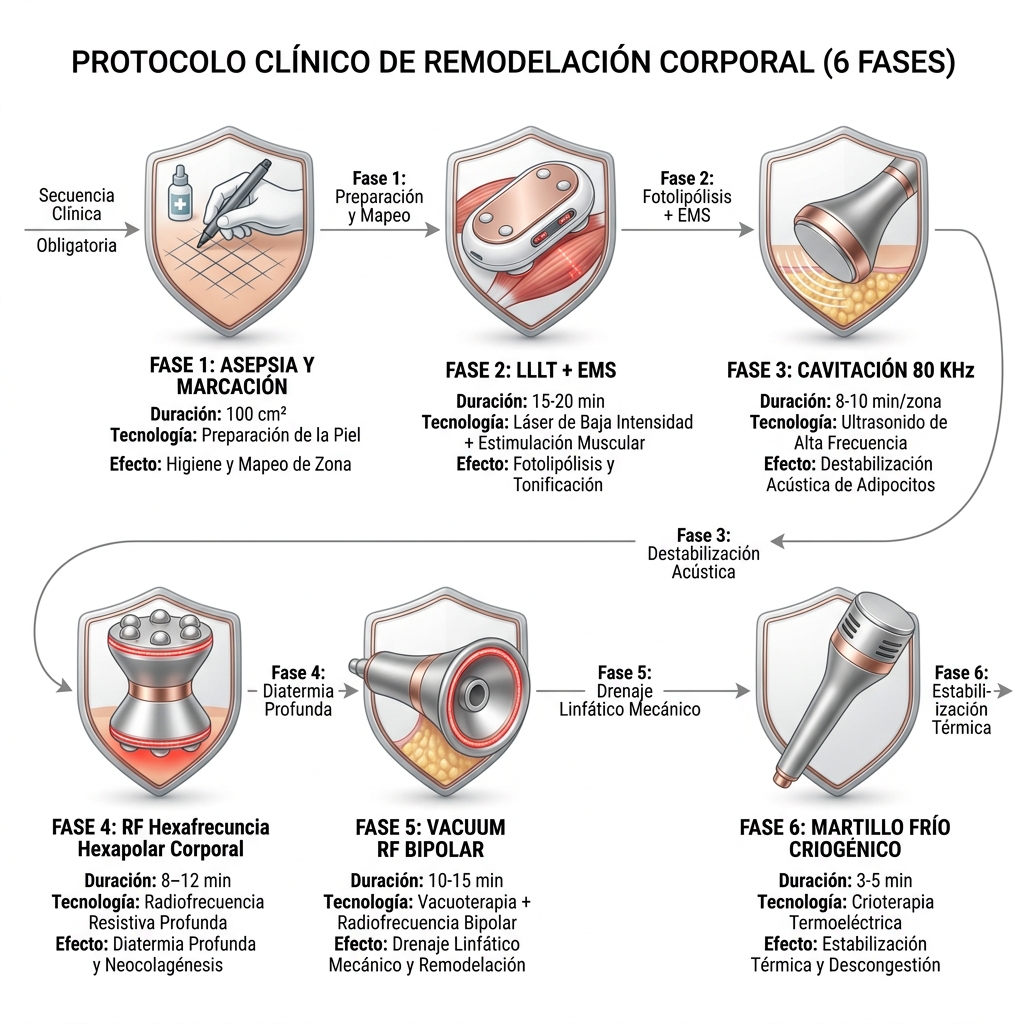 Diagrama de flujo técnico y clínico que ilustra la secuencia de 6 fases del protocolo de remodelación corporal.