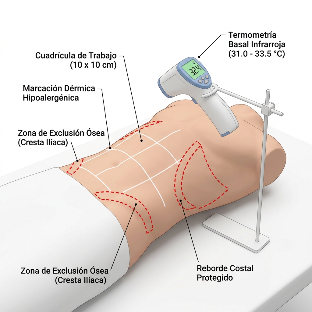 Esquema técnico de delimitación anatómica en cuadrantes abdominales de 10x10 cm, zonas de exclusión ósea y medición térmica basal.