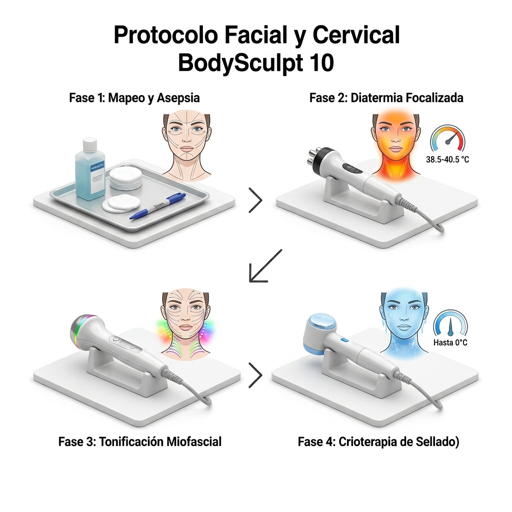 Diagrama de flujo procedural de las cuatro fases del protocolo de lifting y rejuvenecimiento facial y cervical.
