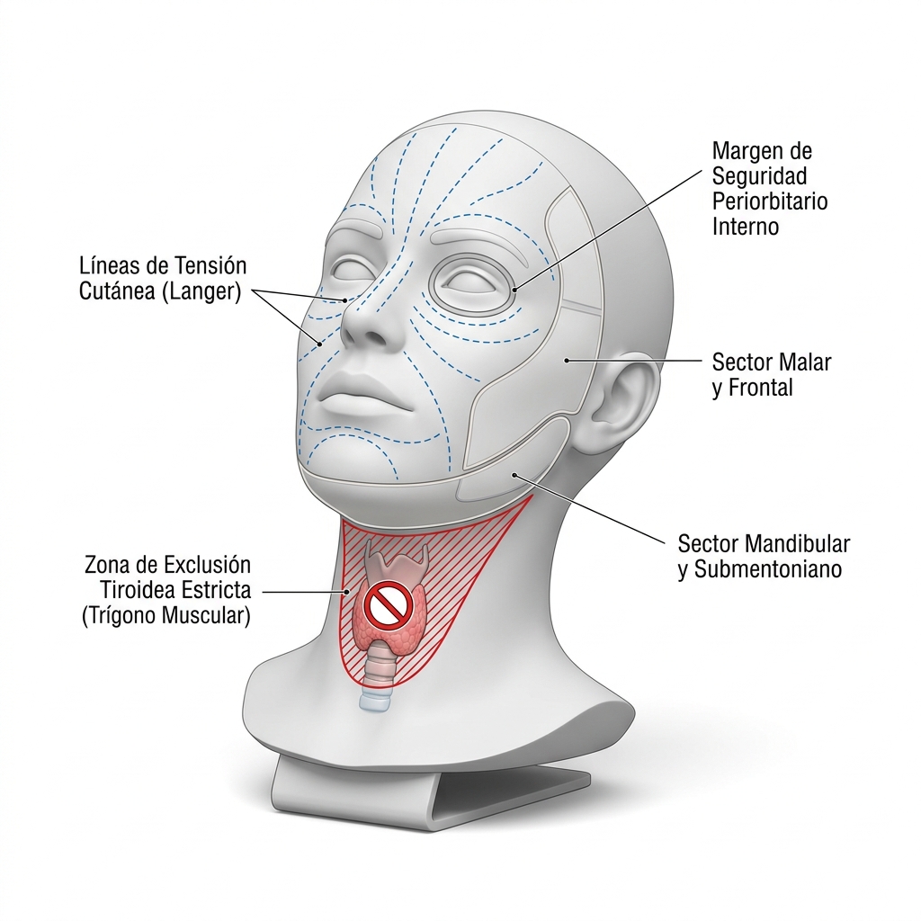 Diagrama anatómico 3D de mapeo facial mostrando líneas de Langer, cuadrantes de tratamiento y zonas de exclusión tiroidea y periorbitaria.