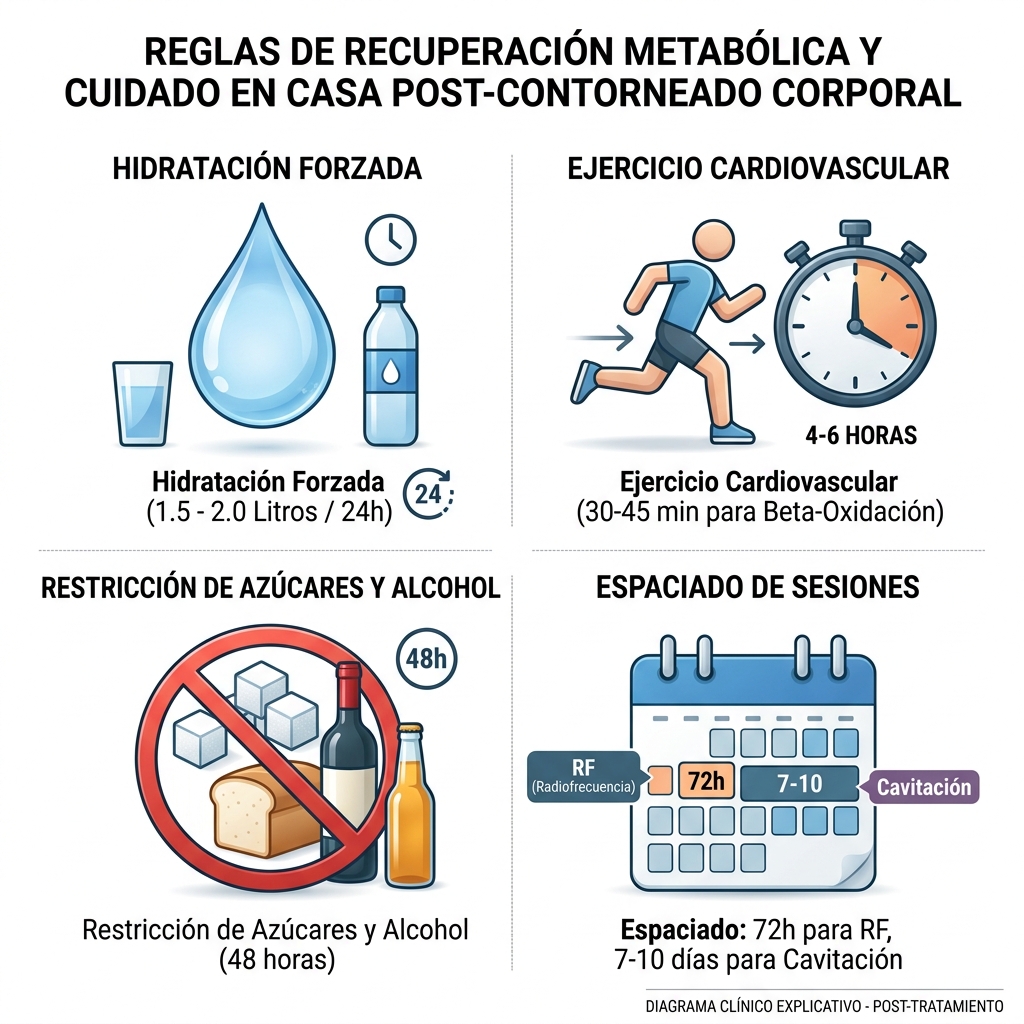 Infografía clínica 3D de las pautas postratamiento: hidratación forzada, ventana de ejercicio cardiovascular, dieta baja en carbohidratos e intervalos de descanso.