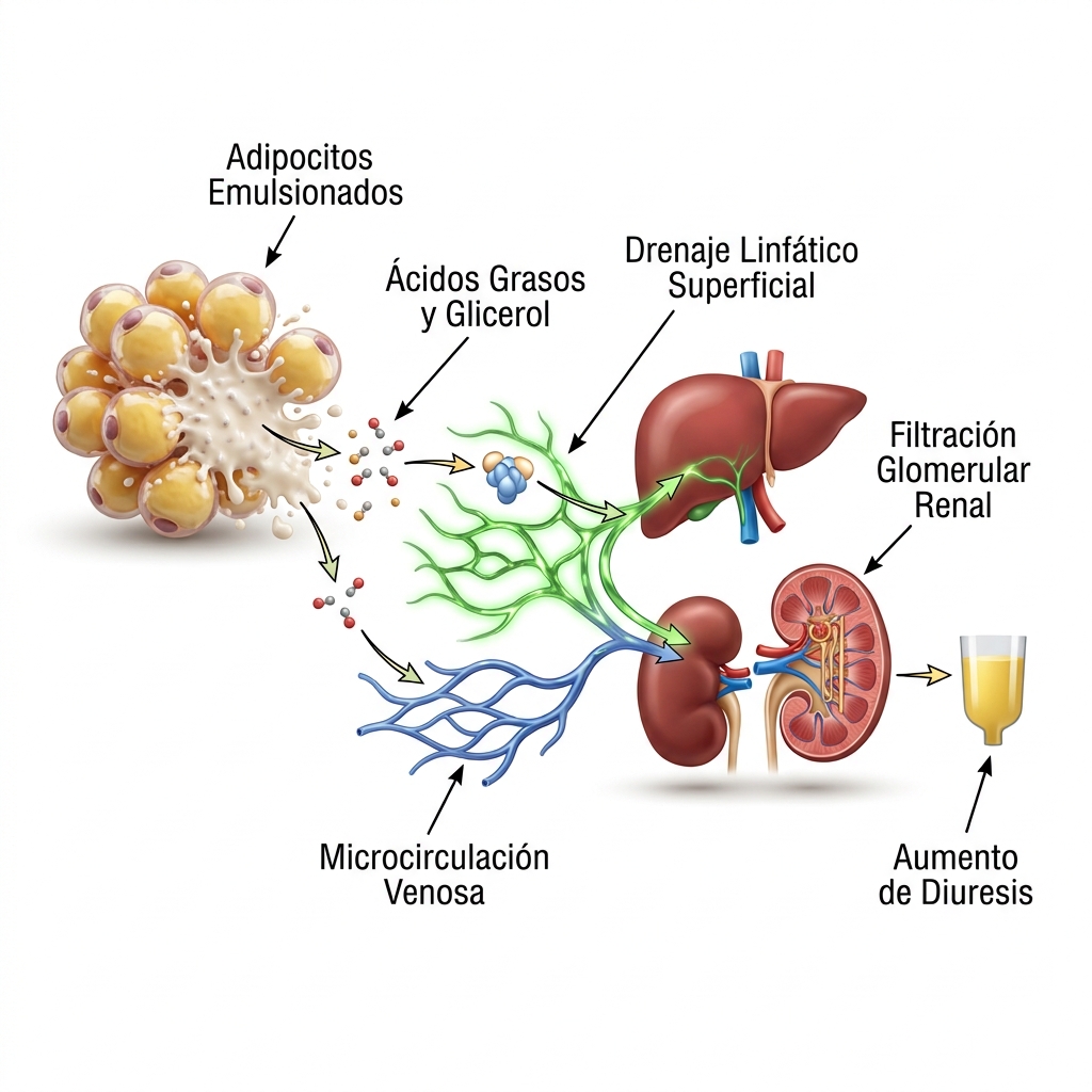 Diagrama 3D biomédico del proceso de lipólisis por cavitación y vacumterapia, mostrando la emulsificación de triglicéridos, transporte linfático-venoso y excreción renal incrementada.
