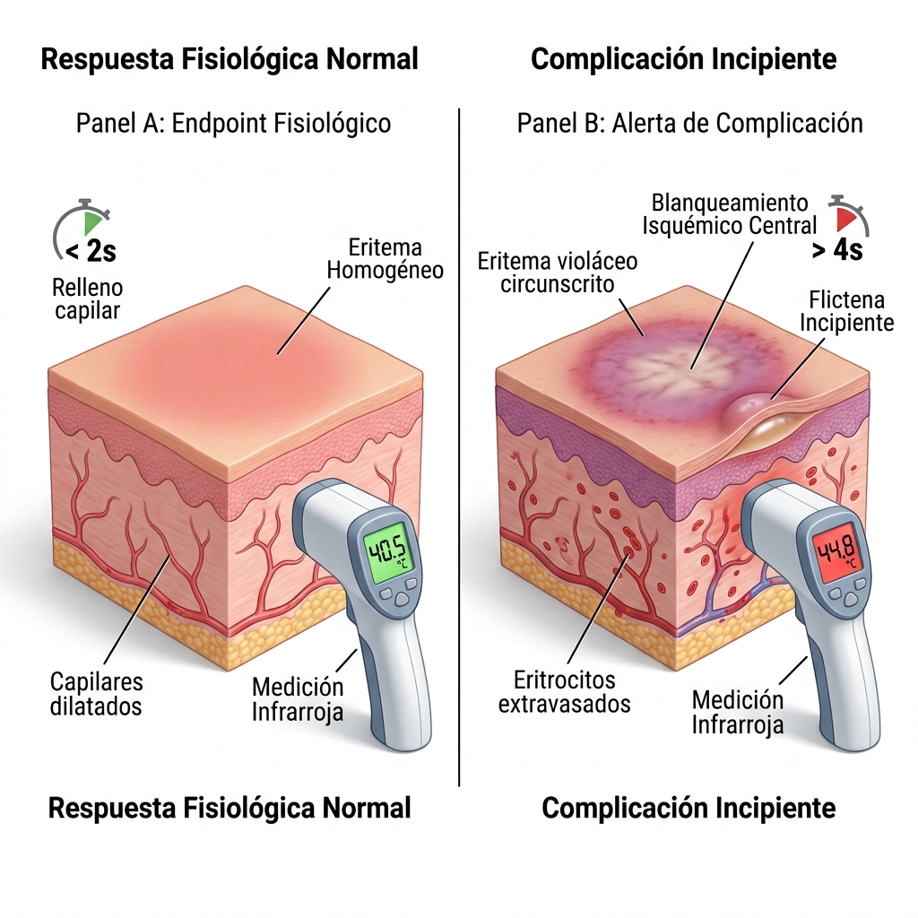 Render 3D comparativo en doble panel: respuesta fisiológica normal (eritema uniforme, turgencia, temperatura <42 °C) vs complicación incipiente (palidez isquémica, flictena, temperatura >44 °C).