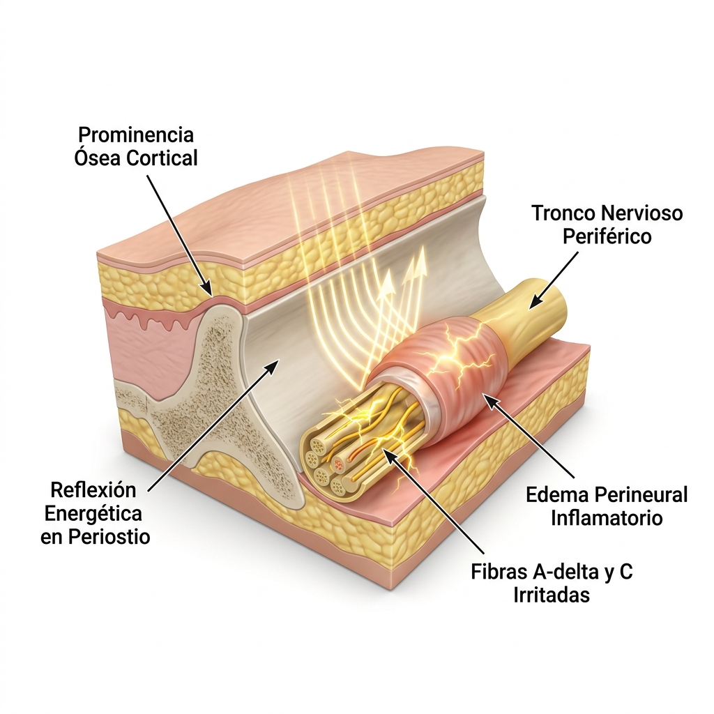 Diagrama 3D biomédico de corte tisular profundo sobre una prominencia ósea, mostrando la reflexión de ondas acústicas/RF en el periostio y el edema perineural en fibras nerviosas.