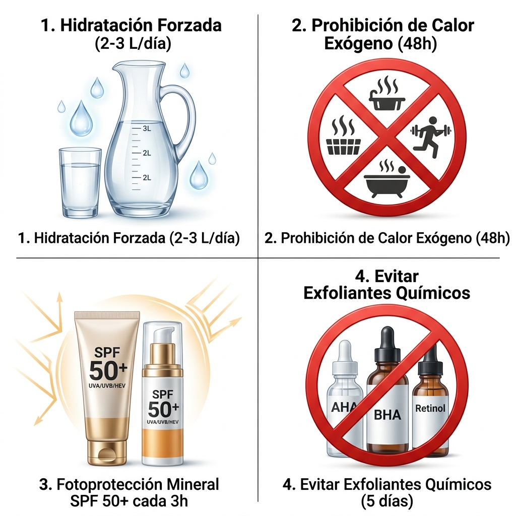 Infografía técnica 3D de los pilares de cuidados domiciliarios: hidratación de 2 a 3 litros, fotoprotección SPF 50+, restricción de fuentes de calor y evitación de exfoliantes.