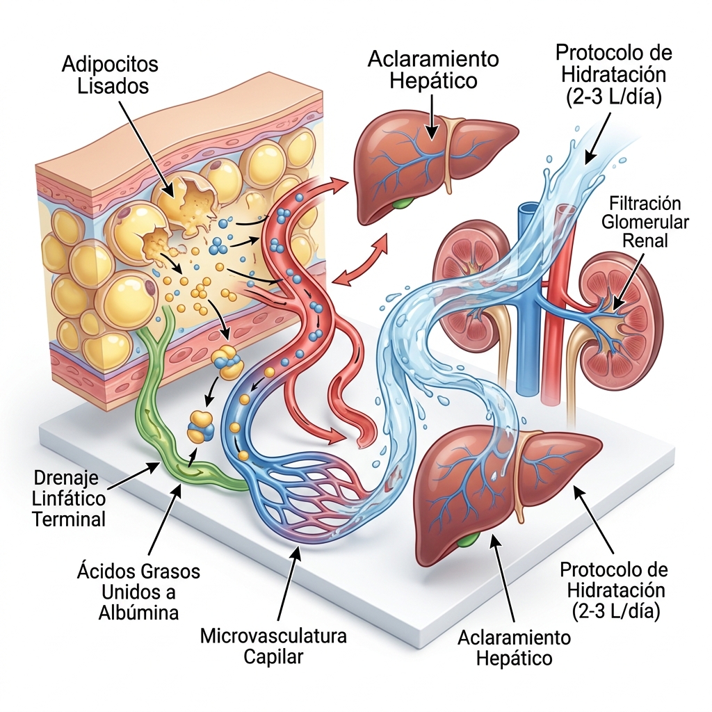 Diagrama biomédico 3D de la cascada de aclaramiento metabólico post-cavitación y flujo de hidroterapia oral hacia parénquima hepático y renal.