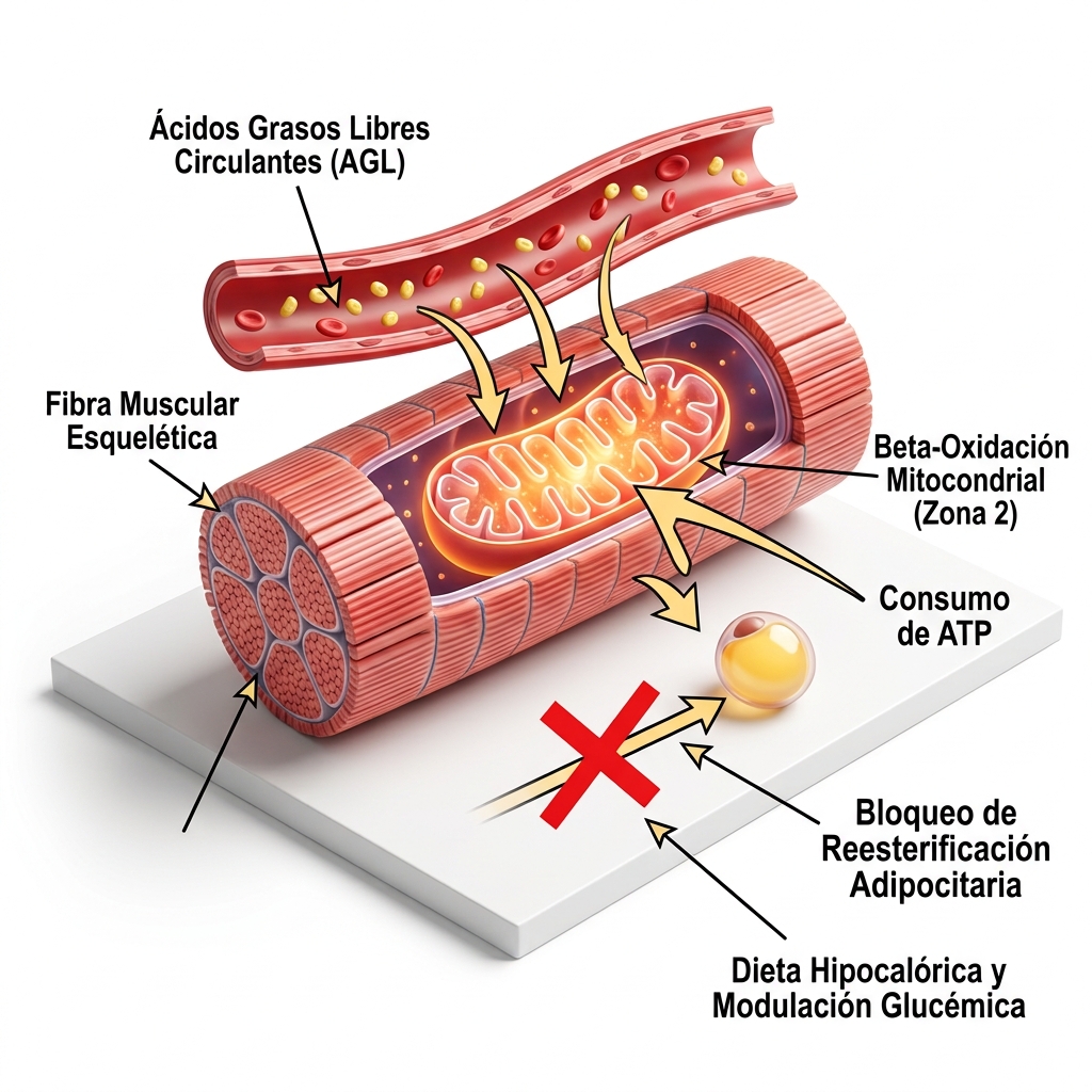 Esquema 3D cinético-bioquímico del destino metabólico de los ácidos grasos libres en el miocito esquelético durante el ejercicio aeróbico en Zona 2 vs la recaptación adipocitaria.