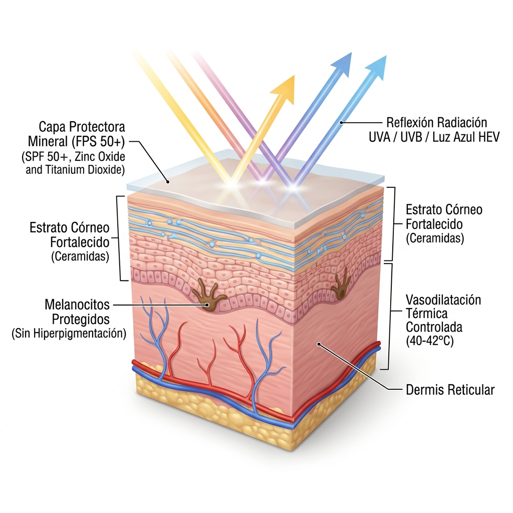 Corte transversal 3D de la piel tratada térmicamente mostrando la reflexión de radiación UV/HEV mediante filtro solar mineral y la regeneración de la barrera cutánea.