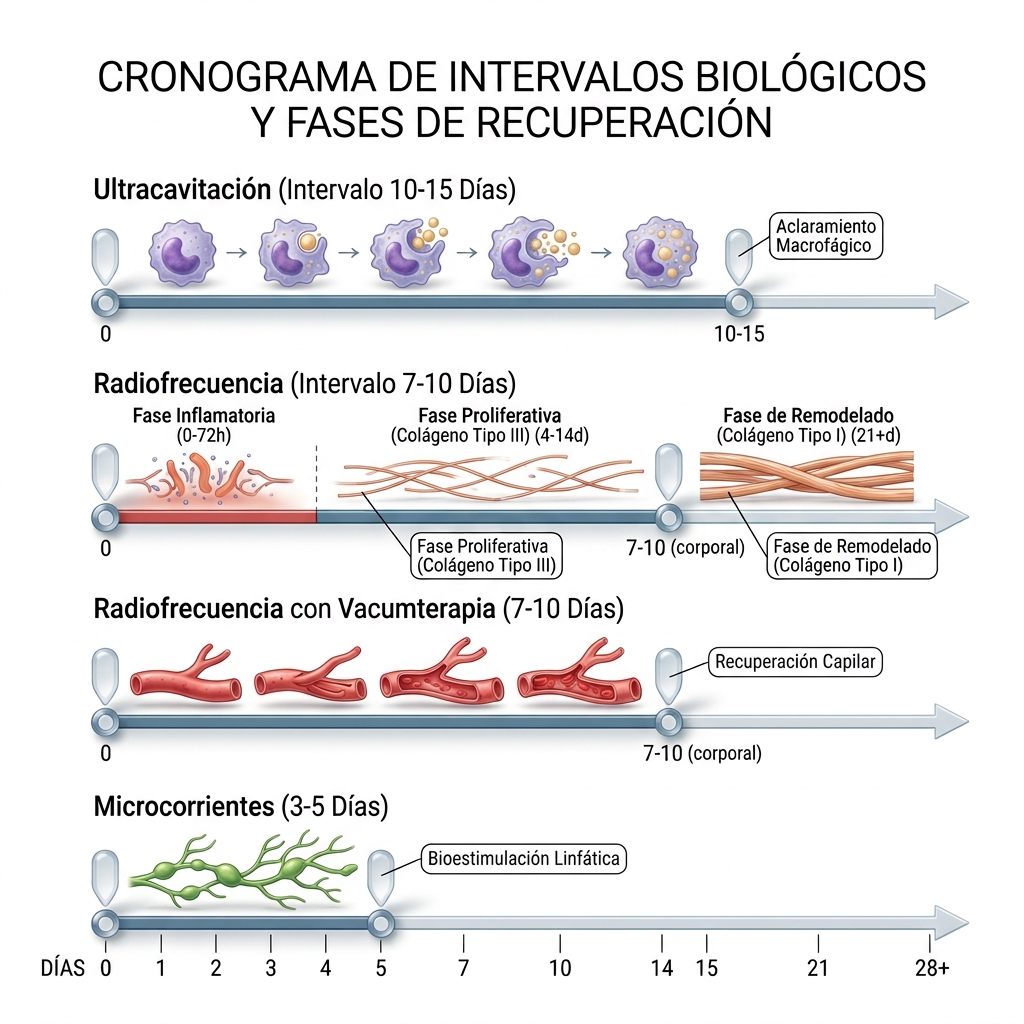 Cronograma 3D de intervalos biológicos y fases celulares de remodelación tisular y aclaramiento para cada tecnología del equipo.