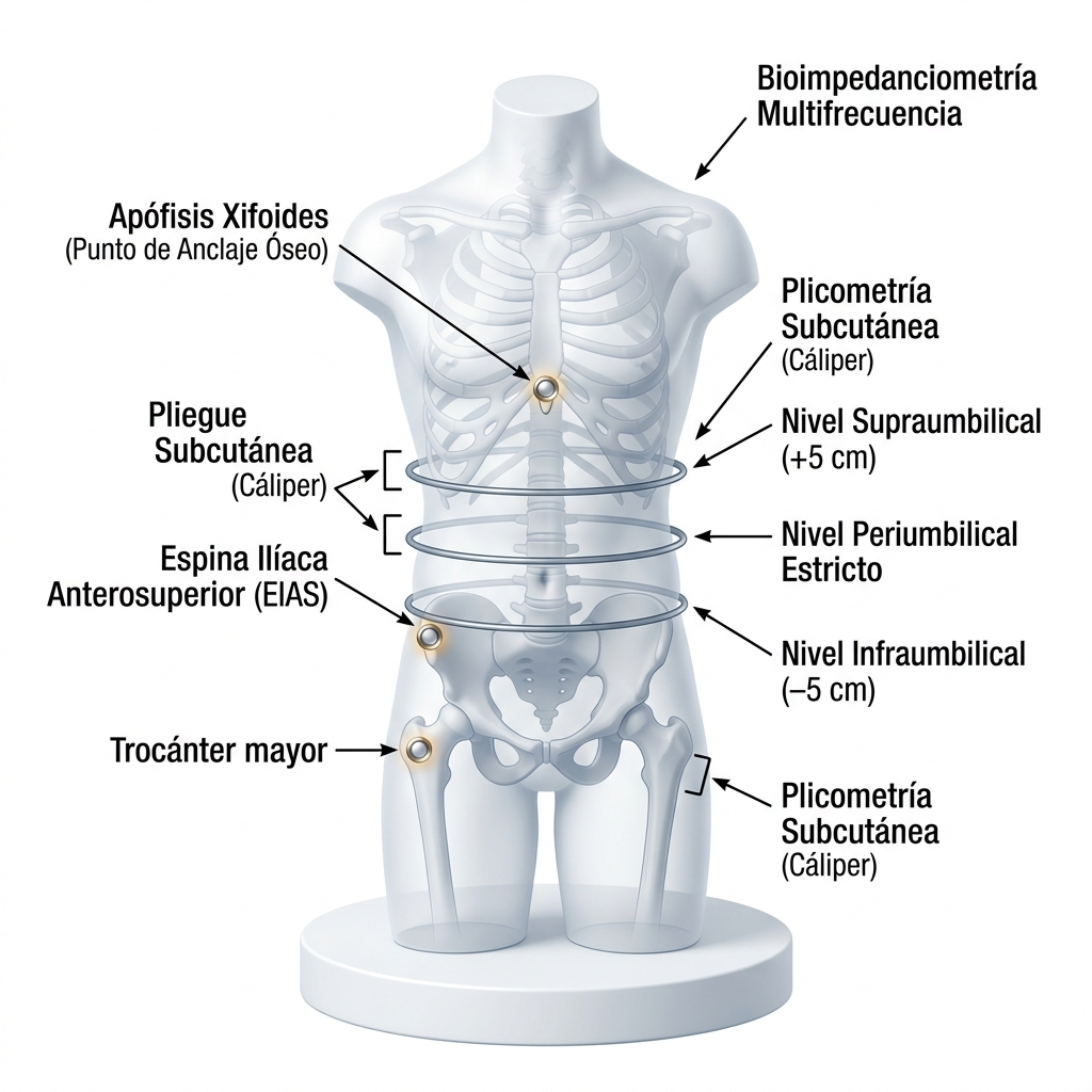 Modelo anatómico 3D de torso mostrando puntos de anclaje óseos estandarizados, niveles de medición perimétrica y sitios de plicometría.
