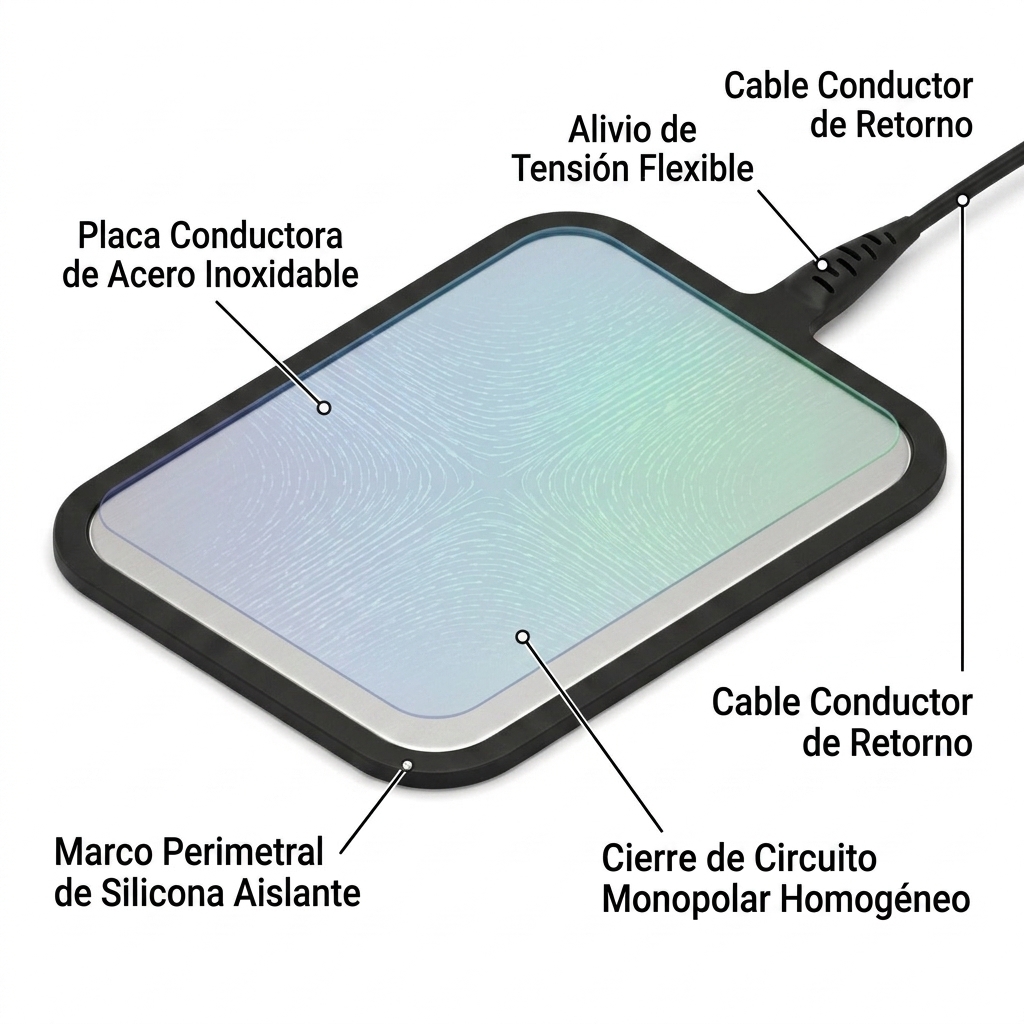 Render 3D de la placa neutra de retorno y esquema de cierre de circuito monopolar en el paciente.