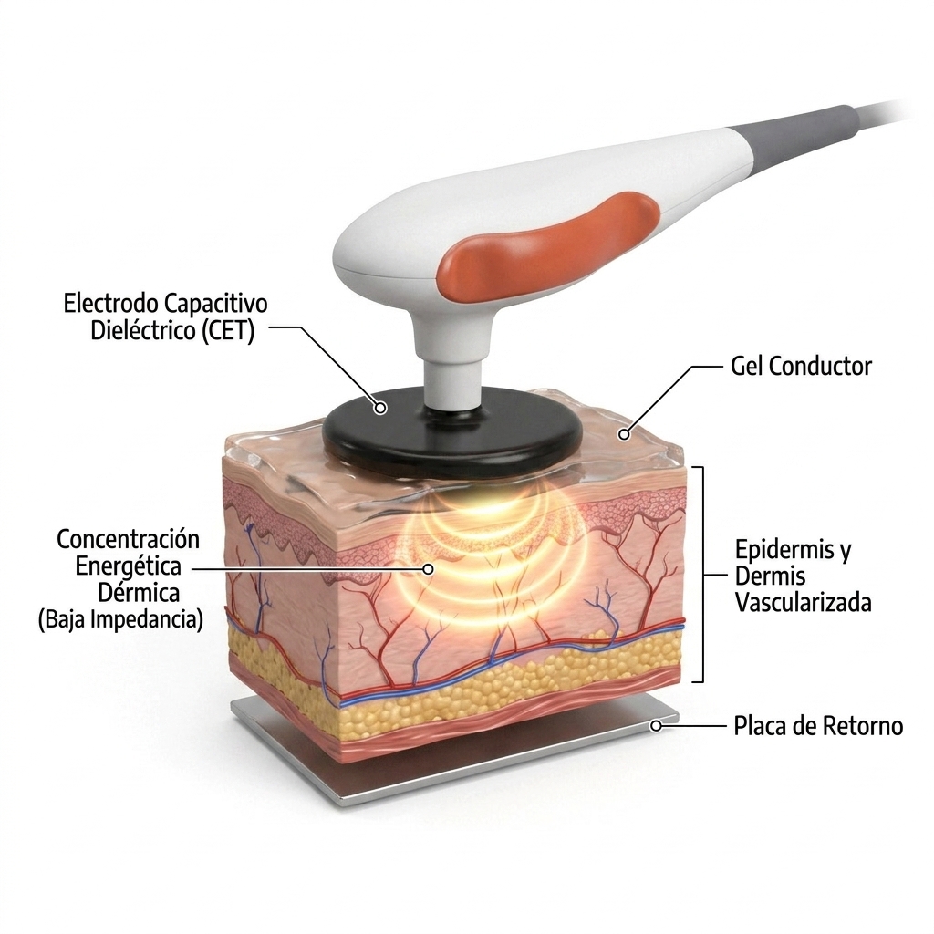 Render 3D en corte anatómico del manípulo capacitivo en contacto activo concentrando energía en capas superficiales.