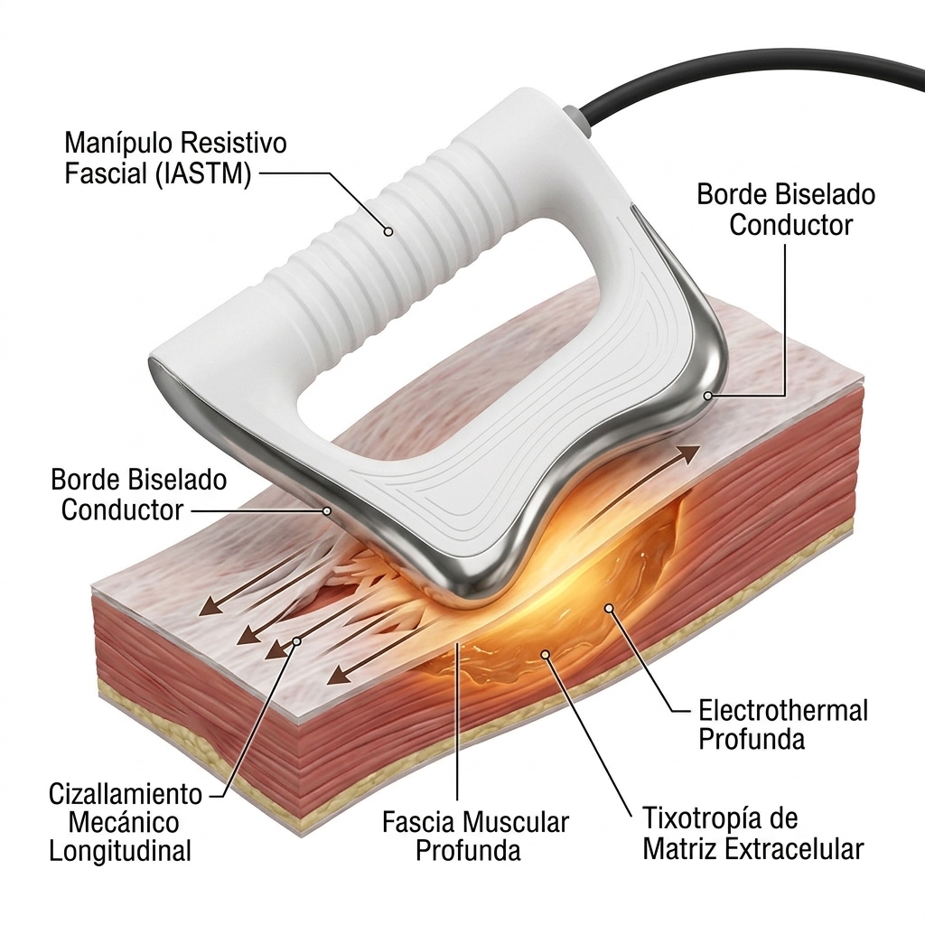 Render 3D del manípulo fascial IASTM aplicando presión tangencial y radiofrecuencia resistiva sobre la fascia muscular.