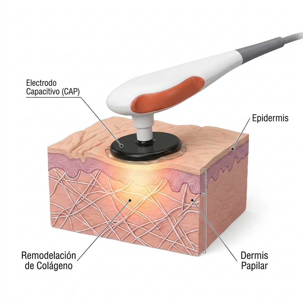 Render 3D en corte transversal dérmico del manípulo capacitivo tratando arrugas periorbitales y estimulando la síntesis de colágeno.
